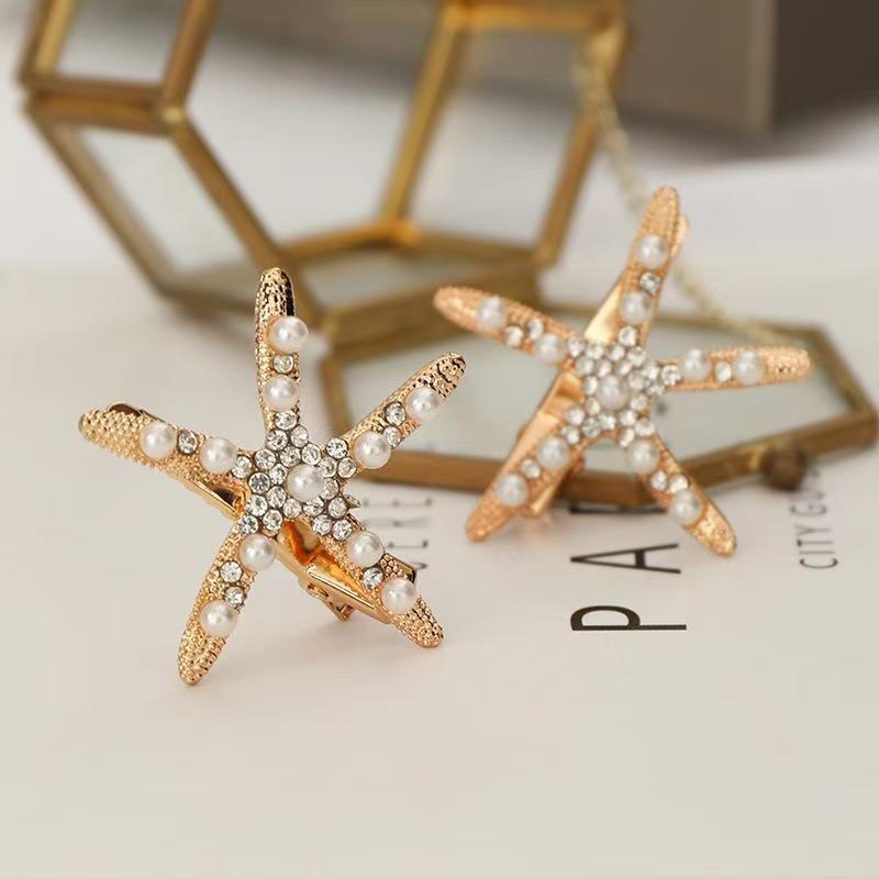 Fashion European and American Starfish Hairpin Bridal Wedding Dress Starfish Diamond Hairpin Diamond Pearl Marine Hairpin Wholesale Women