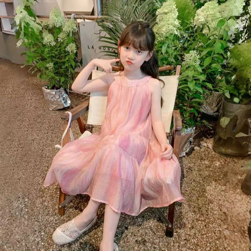 2024新品女の子ワンピース夏服洋風子供スカート夏女の子ストラップビーチプリンセススカート