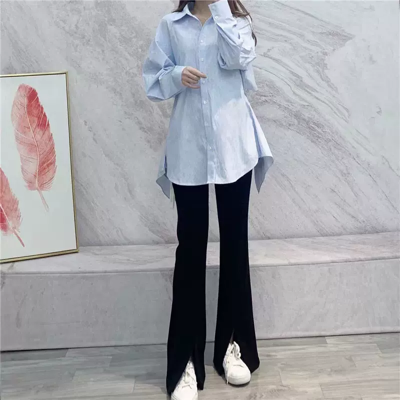 现货 清仓款 拼接收腰层次感设计感蓝色条纹衬衫女春日系衬衣新款
