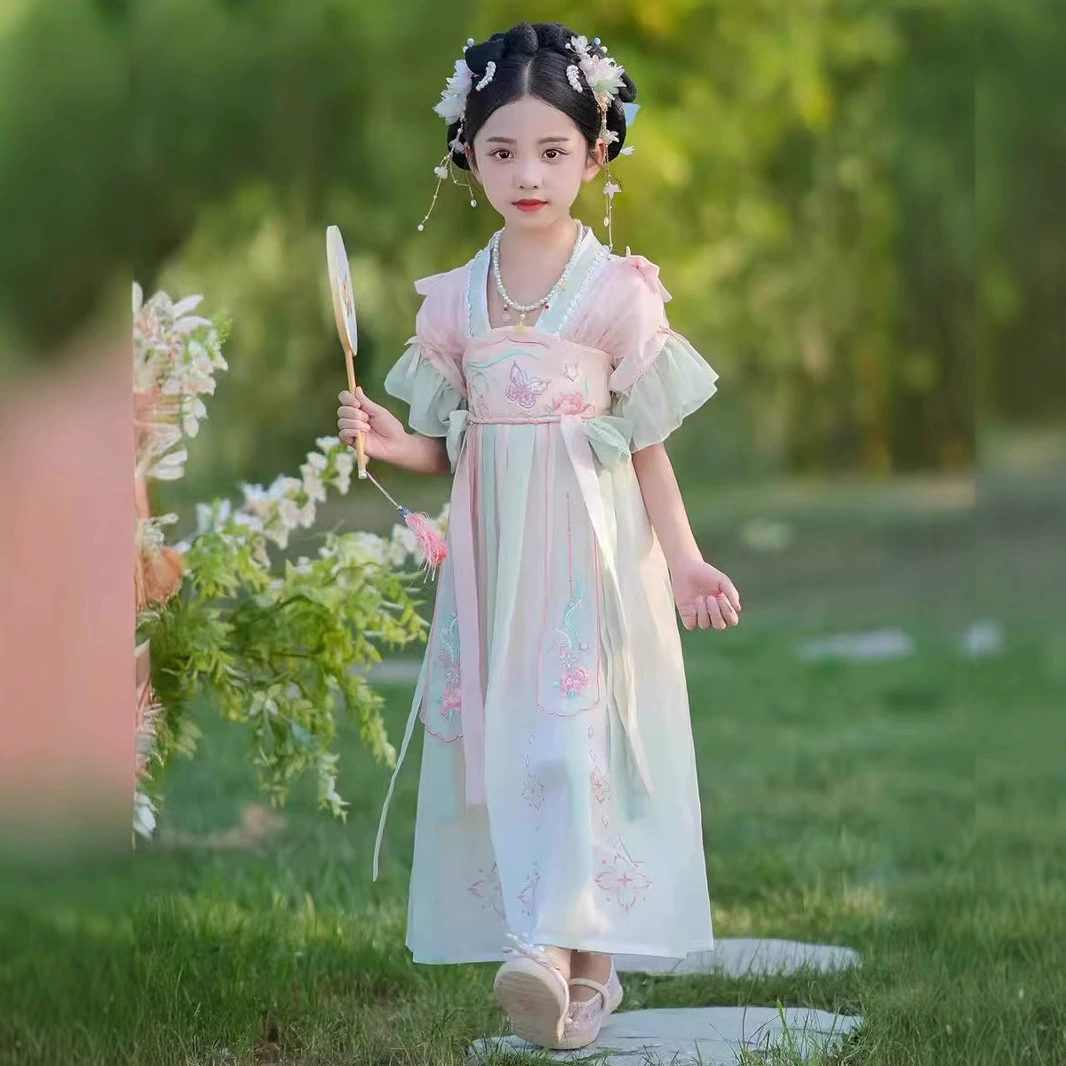 Девушки летняя одежда шифоновая юбка с вышивкой бабочка ретро китайский стиль улучшенный костюм Тан платье маленькая девочка длинная версия