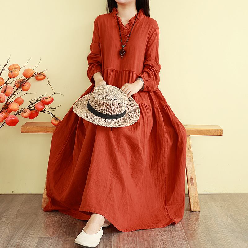 Vintage Artistic Cotton and Linen Dress, Autumn Long Over-The-Knee Flared Elegant Linen Long Dress, Loose Forest Style Solid Color Vintage Artistic Cotton and Linen Dress, Autumn Long Over-The-Knee Flared Elegant Linen Long Dress, Loose Forest Style Solid Color