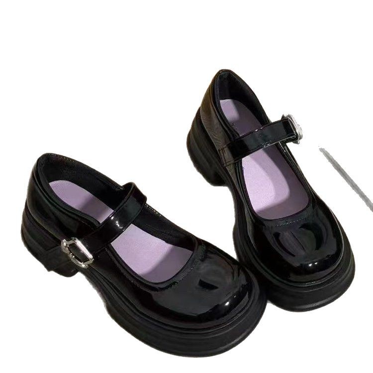 Zapatos de cuero franceses de Marizhen para mujeres 2025 primavera nueva cabeza negra redonda japonesa con suela gruesa de tacones altos retrógrados zapatos para mujeres