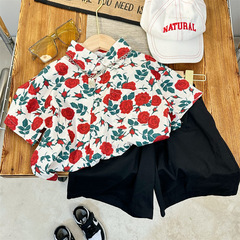 Children's shirts 2024 summer style for boys and girls, floral all-over printed short-sleeved flowers, stylish baby flower shirts, versatile tops