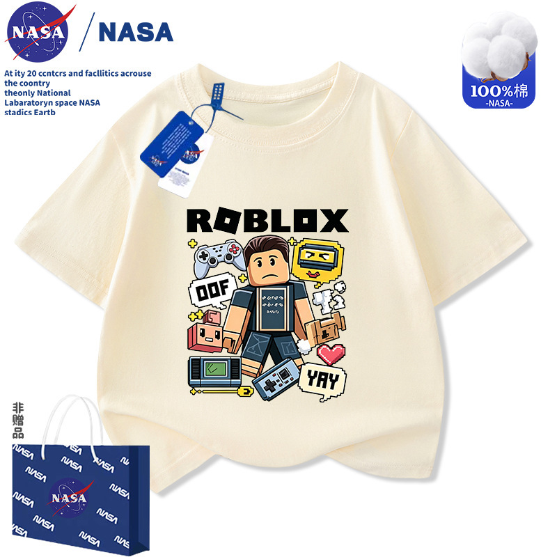 Nasa Virtual World Roblox Peripheral Children's Pure Cotton Short-Sleeved Summer Cartoon Print Half-Sleeved Tops for Boys and Girls Nasa Virtual World Roblox Peripheral Children's Pure Cotton Short-Sleeved Summer Cartoon Print Half-Sleeved Tops for Boys and Girls