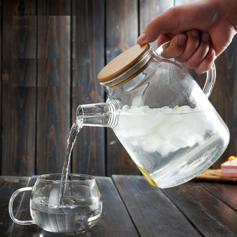 Resistente de alta temperatura vidrio botella agua fría, gran capacidad cubierta bambú olla, filtro engrosada jugo té cerveza