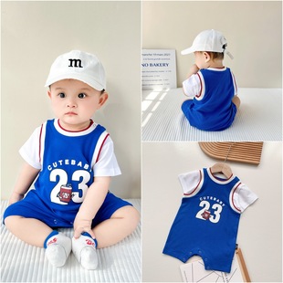 Ins Infant Jumpsuit 2025 Summer Vacation Two-Piece Design Basketball Hoodie for Male and Female Babies to Go Out and Crawl