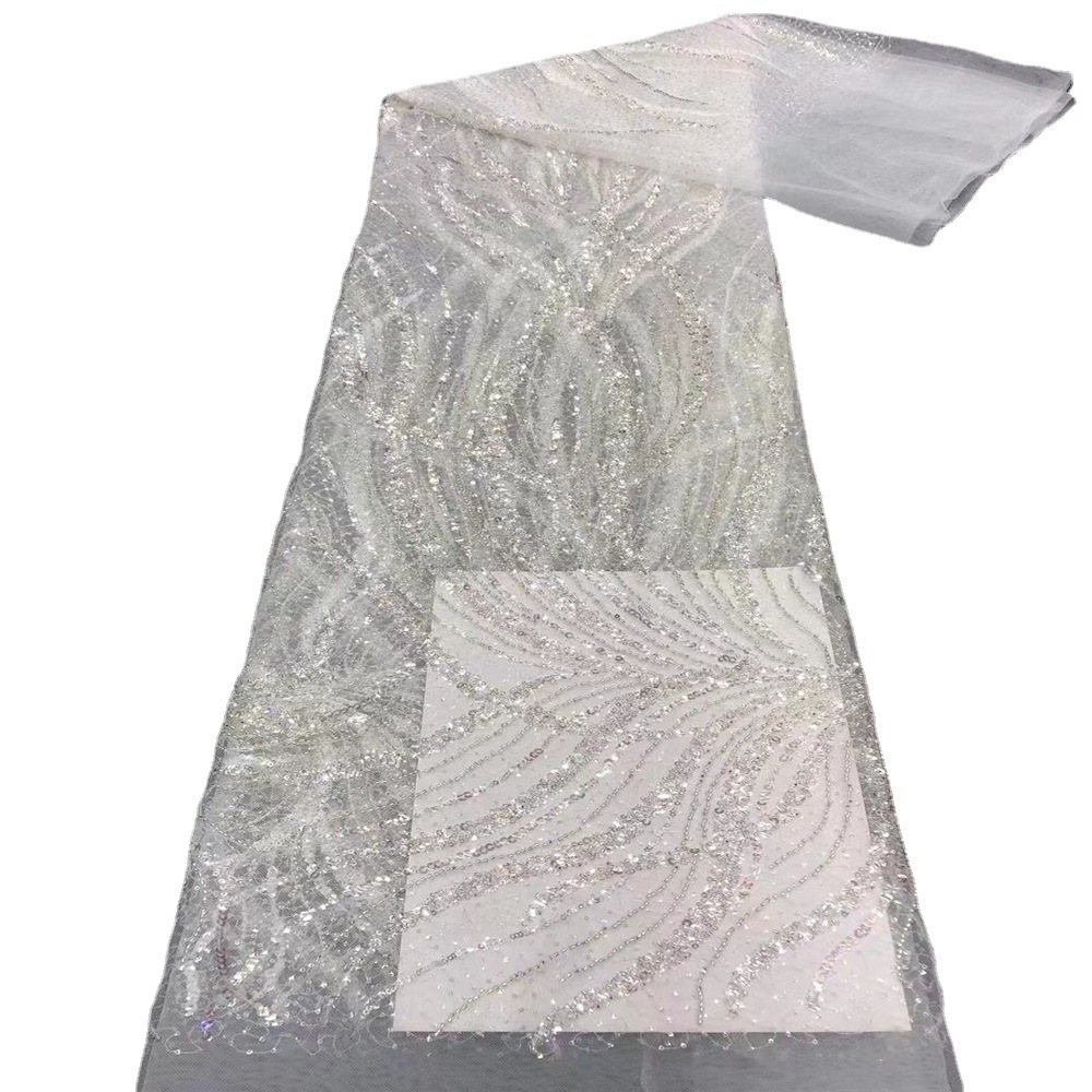 Encaje de Rayas con Cuentas de Hilo de Poliéster para Vestido de Novia