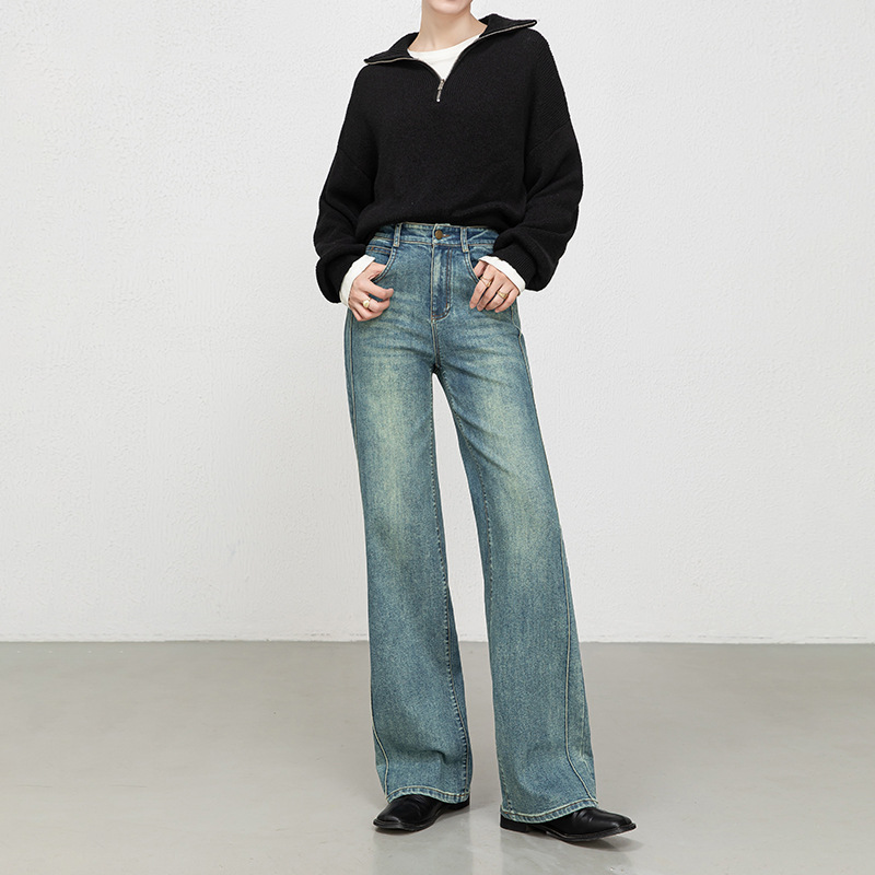If 2026 Spring Korean Style Denim Straight-Leg Pants for Women Are Soft, Stretchy, High-Waisted, Narrow Wide-Leg Pants, Floor-Length Pants 8075
