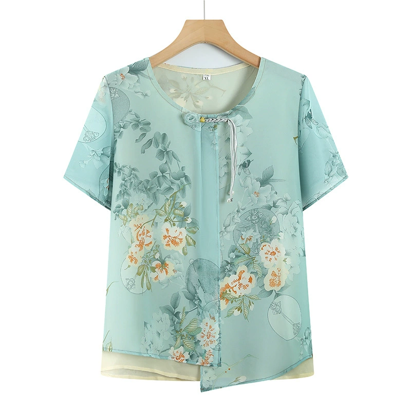 Летние топы для мам, футболки с короткими рукавами, модные шифоновые рубашки среднего возраста, новые свободные и стильные рубашки для женщин среднего и пожилого возраста.