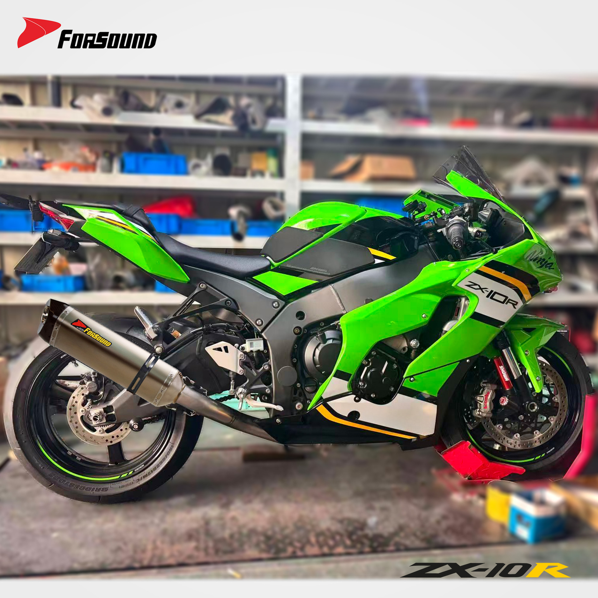 KAWASAKI ZX-10R Big Bull modified exhaust mid and tail section, Grav's titanium alloy stainless steel carbon