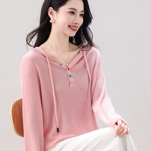 Spring and Summer 2025 New Hooded Knit Cardigan Half-Open Color Button Long-Sleeved Solid Color Striped Loose Base Layer Top