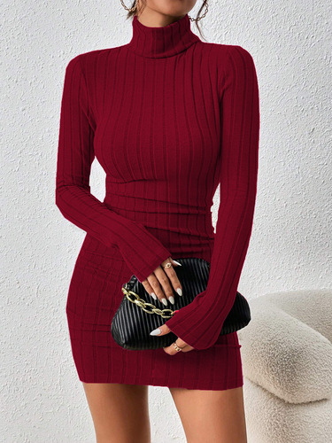 2026 Women's European and American Mature Lady Style Wine Red Dress Autumn and Winter Simple High Neck Versatile Short Skirt