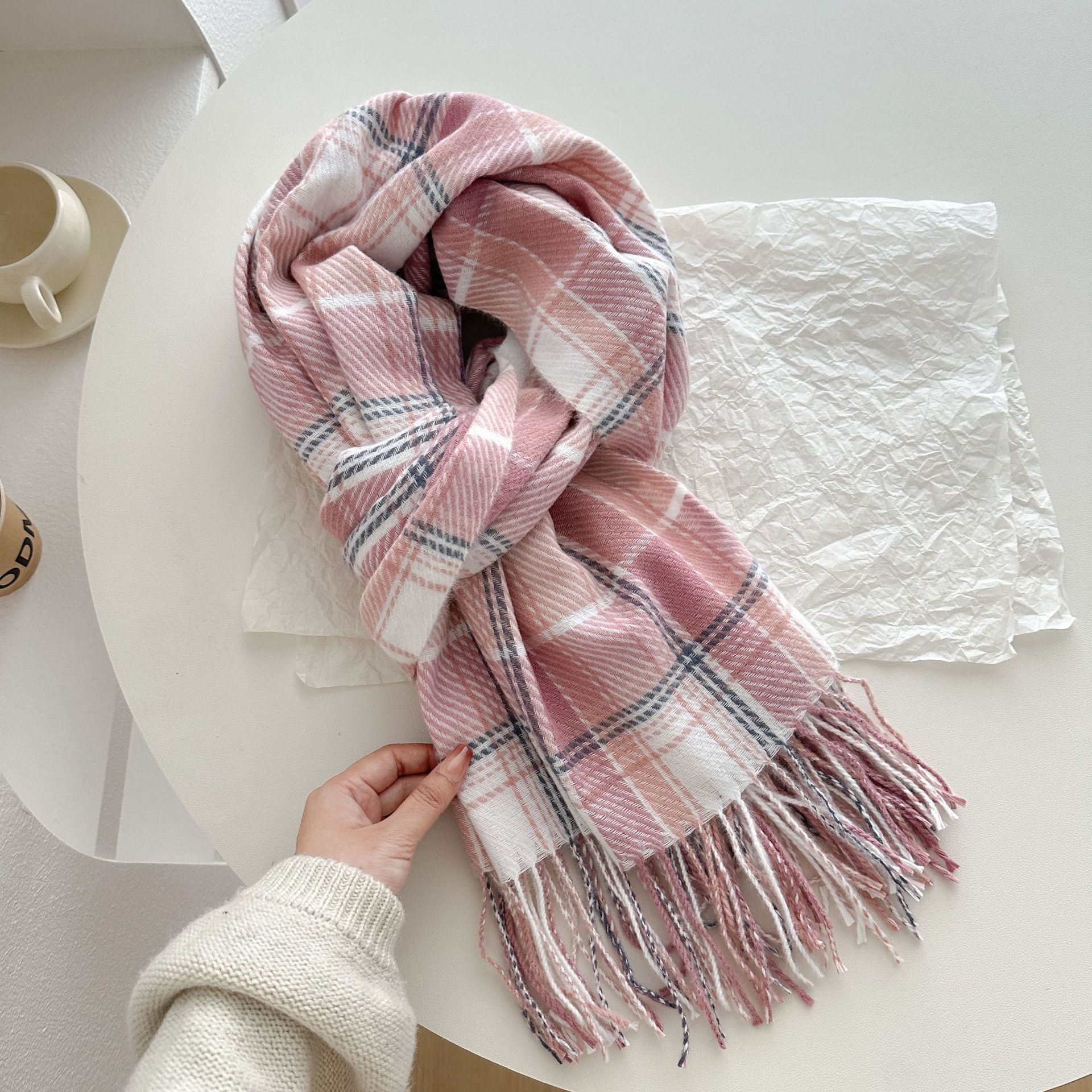 Bufanda de Cuadros Rosa con Flecos de Imitación Cachemira Térmica para Invierno