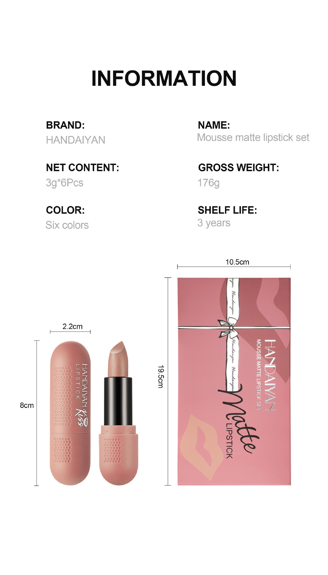 Cross-border matte lipstick set Lipstick gift box HANDAIYAN Long-lasting non-fading velvet soft mist lipstick set box Specification drawing