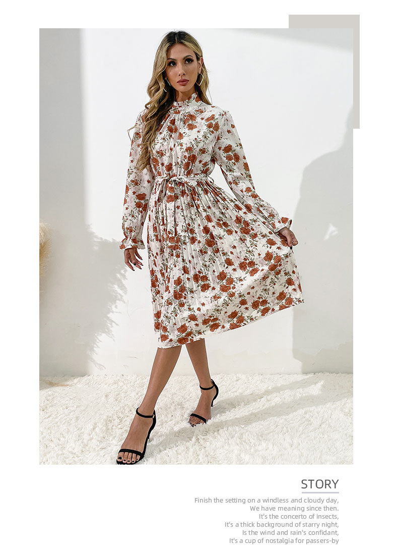 autumn high collar trumpet sleeve pleated floral dress nihaostyles wholesale clothing NSDMB88628