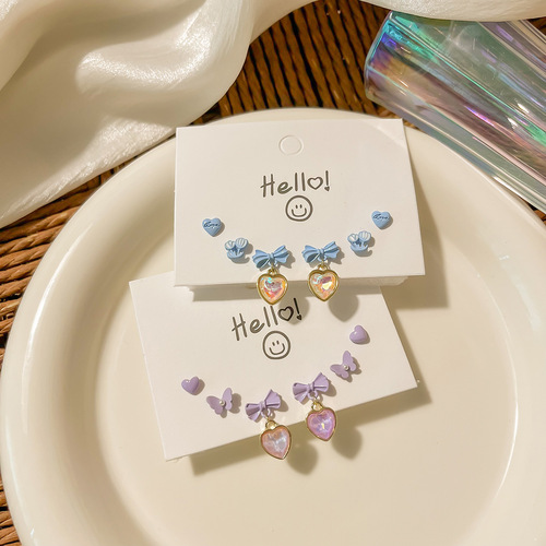 Purple Forest Silver Needle Earring Set New Girl Student Sweet Girly Heart Versatile Earrings Small Love Earrings