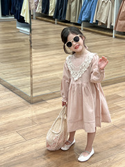 女寶寶公主裙2024春裝女童氣質甜美蕾絲尖翻領粉色連衣裙娃娃裙