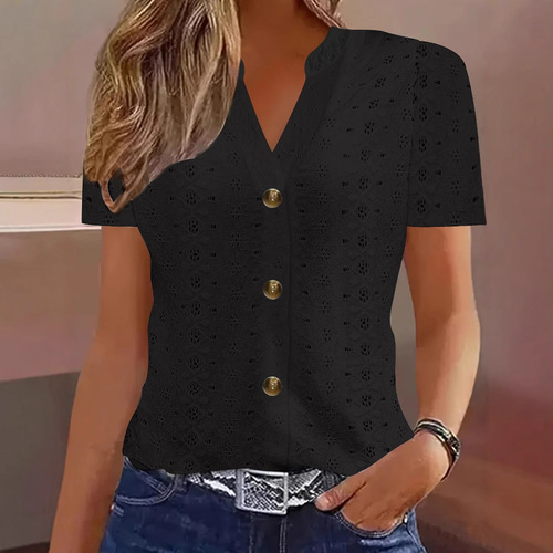2025 Spring European and American Cross-border Amazon Independent Store New Women's Fashion Casual Solid Button V-neck Short-sleeve T-shirt