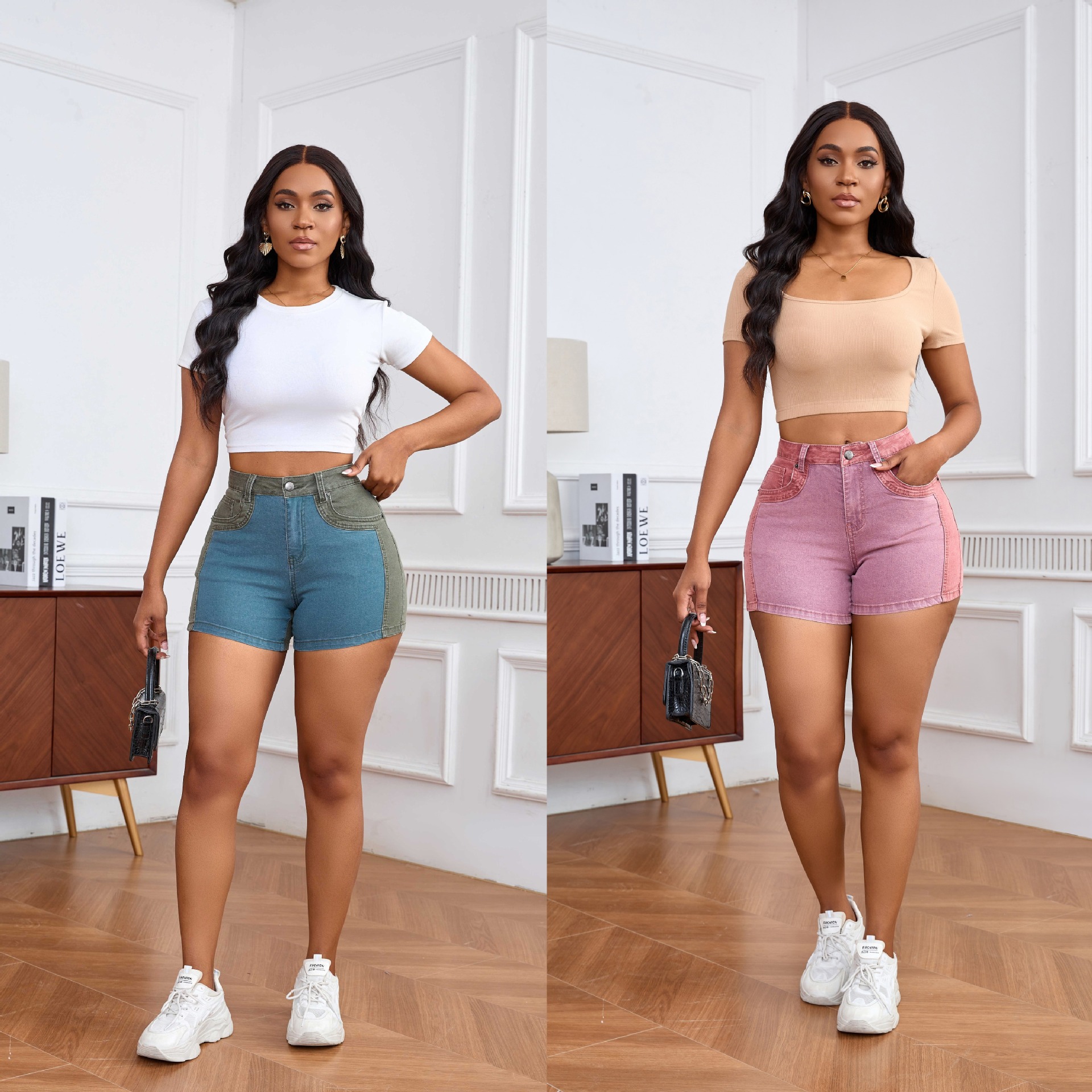 2025 Amazon New Cross-Border European & American Style Elastic Fashion Washed Patchwork Hip-Boosting Denim Shorts for Women&mdash;Factory Direct