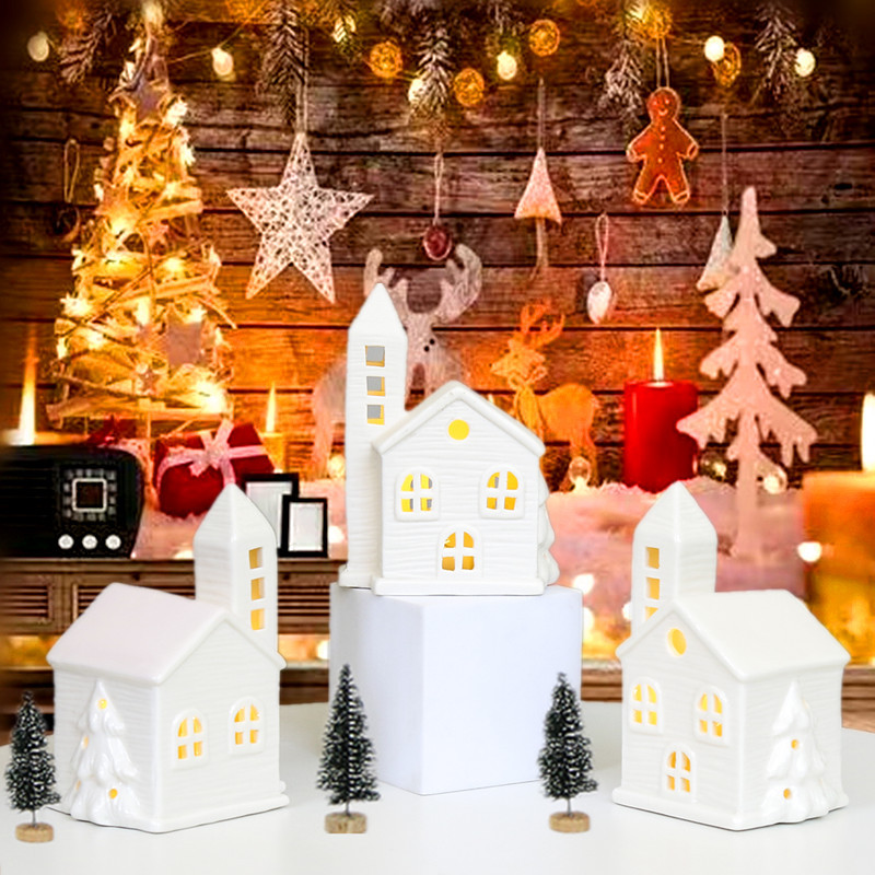 Lámpara de viento decorativa transfronteriza decoración de la casa de cerámica luz de la noche creativa Navidad nueva pequeña casa atmósfera vela titular