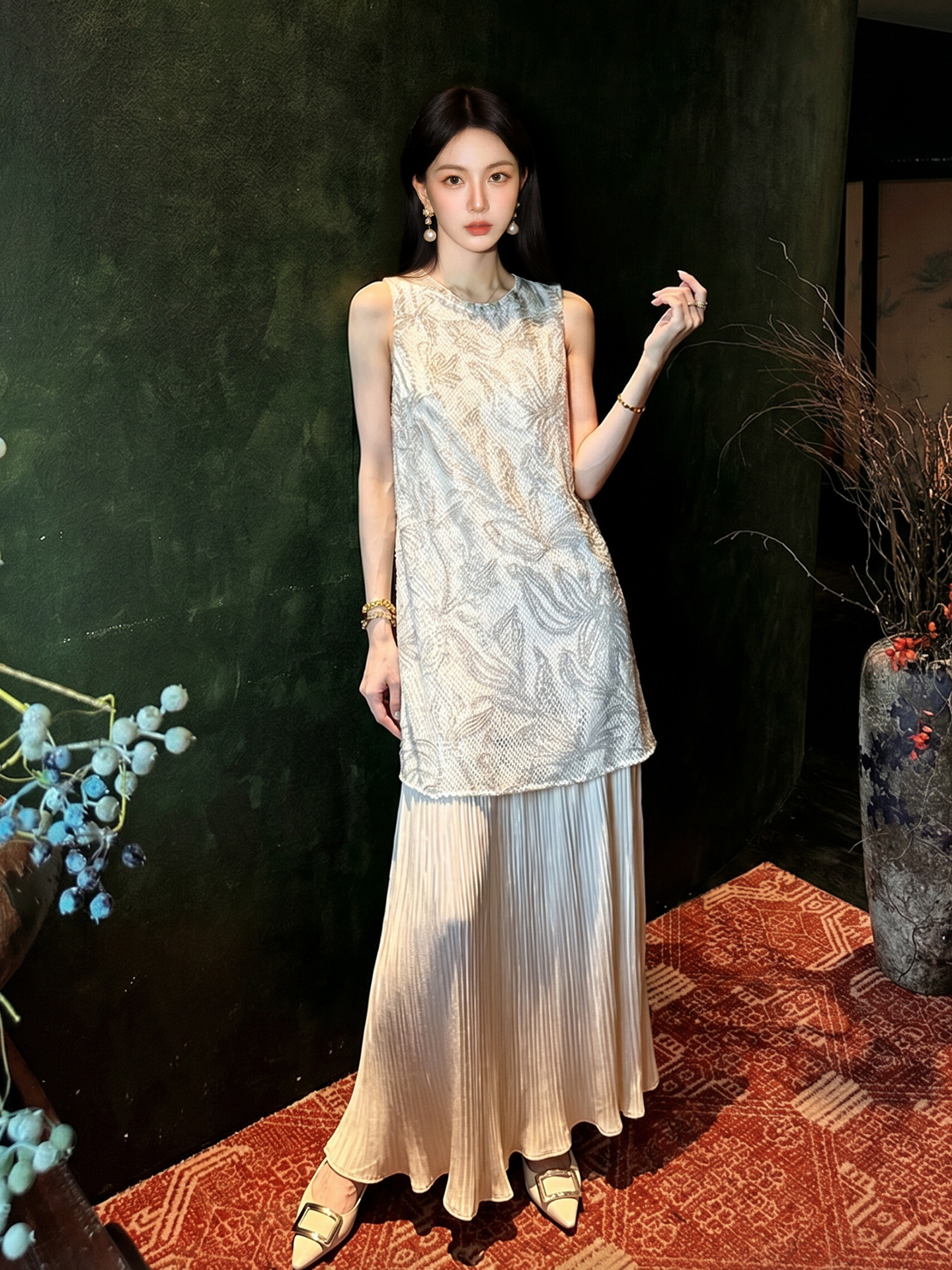 Đầm maxi nữ thắt eo phong cách Tân Trung Hoa họa tiết thêu nổi — Trà cà phê