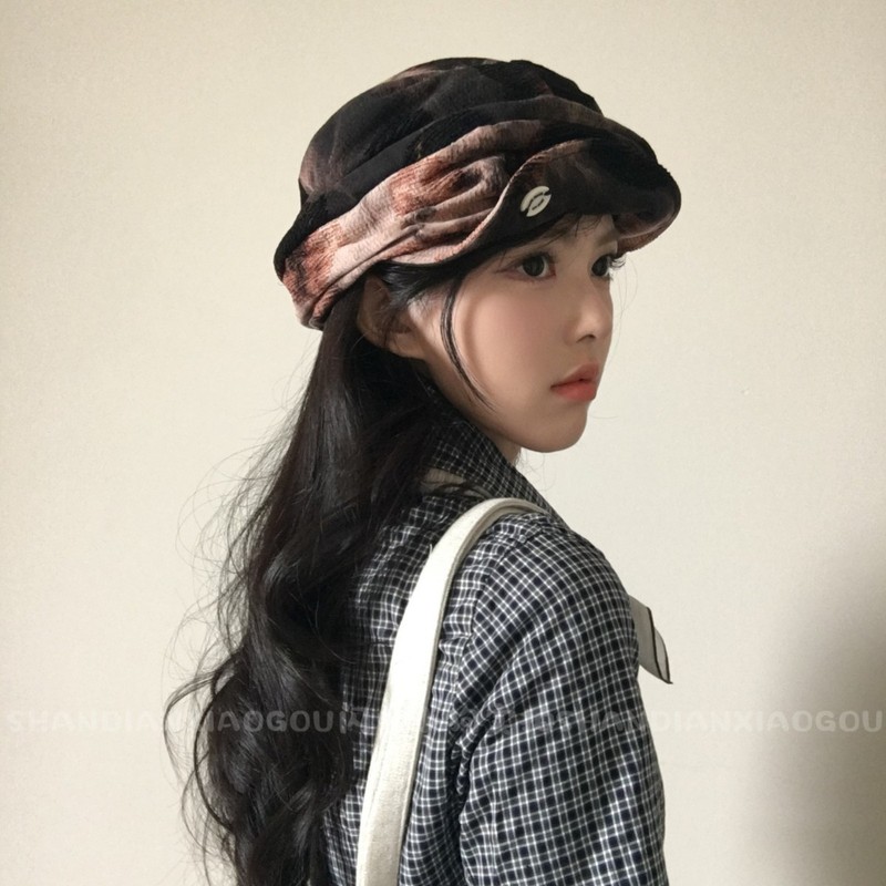 ニッチデザインウェイストランドスタイルタイダイパイル帽子日本のレトロサブカルチャープリント文学ファッション女性ベレー帽|undefined