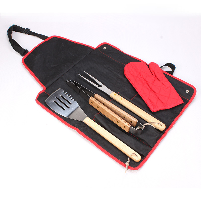 [Fuente de fábrica] herramientas de barbacoa traje delantal mango de madera 5-pieza barbacoa conjunto al aire libre combinación barbacoa clip