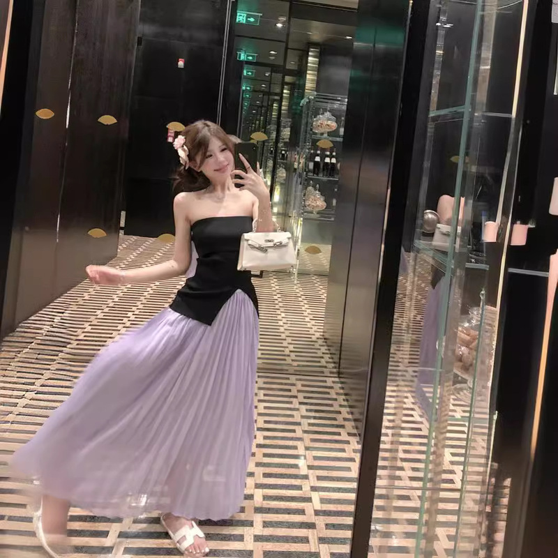 Summer Vacation Chic and Sexy Socialite Outfit 2025 New Lavender Flowing A-Line Long Dress + Black Fashionable Casual Wear