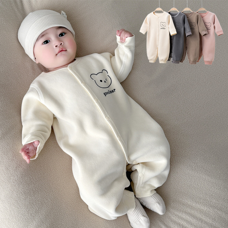 Carefully Selected Ollie Velvet Seamless Jumpsuit for Autumn and Winter, Warm Crawling Suit for Babies, Seamless Sleeping Bag with Snap Buttons for Boys