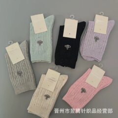 新商品日本西太后刺繍土星カラー双針坑条点糸レディース中筒靴下ファッション綿靴下