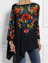 2023跨境套头秋冬长袖3D抽象复古印花宽松型圆领都市休闲女式T恤