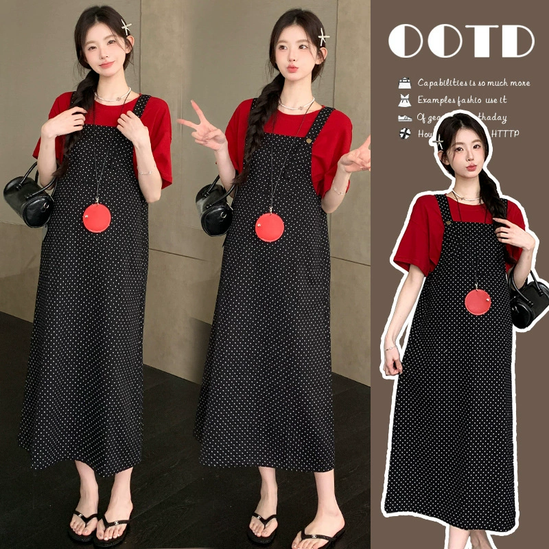 Материнская юбка наряд мода волновая точка повседневная юбка ремня летнее два комплекта 2025 новый маленький юбка