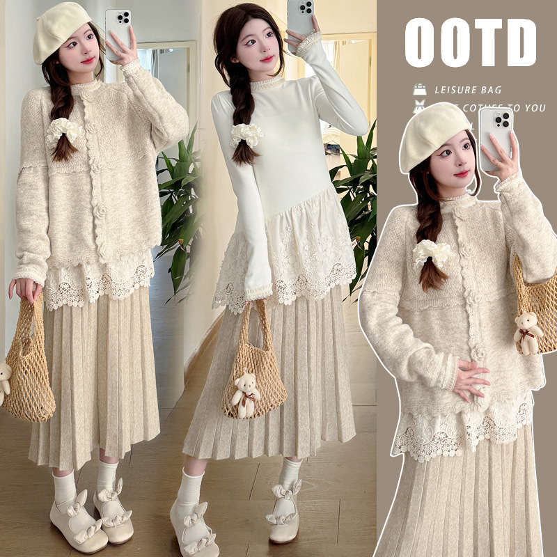Real shot in stock pregnant women's sweater three-dimensional flower chic long sleeve lace bottoming shirt adjustable pregnant women's skirt Real shot in stock pregnant women's sweater three-dimensional flower chic long sleeve lace bottoming shirt adjustable pregnant women's skirt