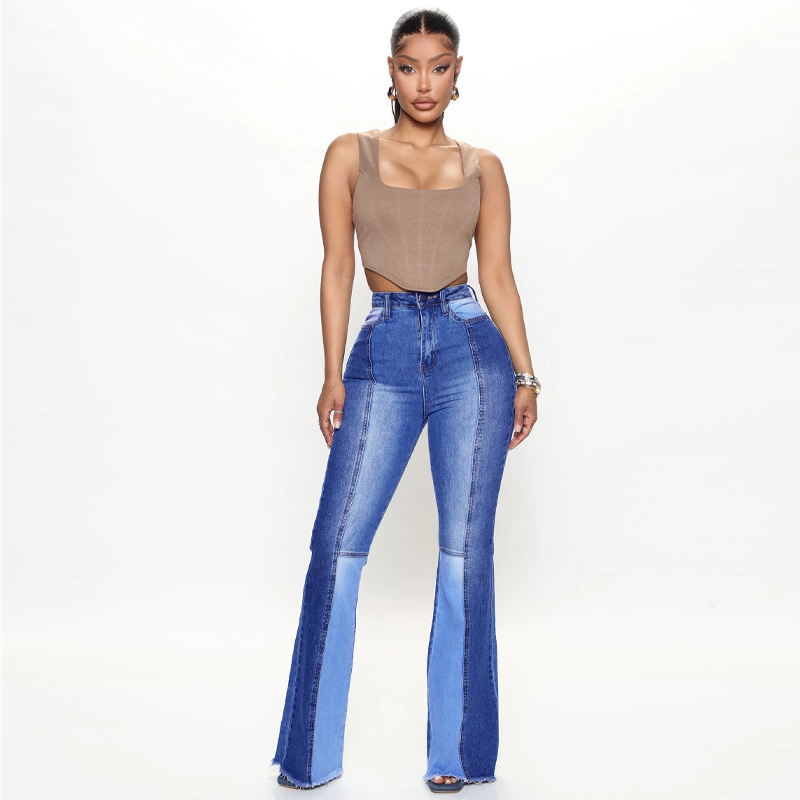 Otoño 2023 Amazon nueva Europa y América del color contraste de cintura alta lavado moda Flared pantalones vaqueros las mujeres