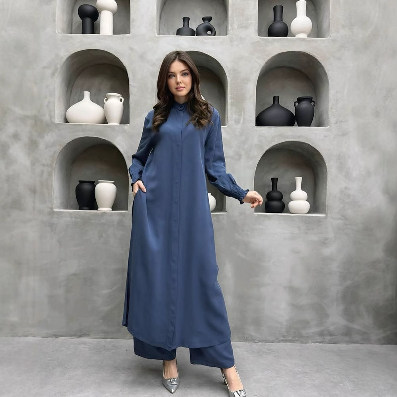 Cross-Border Foreign Trade Ready-Stock Women's Clothing 2025 New Fashion Stand-Collar Long Shirt and Straight-Leg Pants Two-Piece Set, Comfortable and Casual Cross-Border Foreign Trade Ready-Stock Women's Clothing 2025 New Fashion Stand-Collar Long Shirt and Straight-Leg Pants Two-Piece Set, Comfortable and Casual