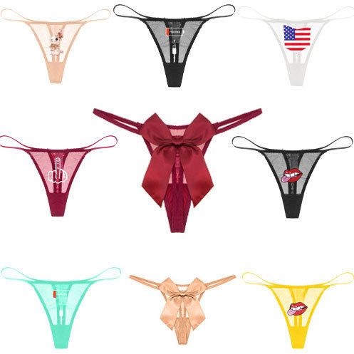 Varsbaby Printed Cartoon Thong Ultra-Thin Mesh Transparent Underwear Women's Low-Waist Quick-Drying One-Line T-Pants
