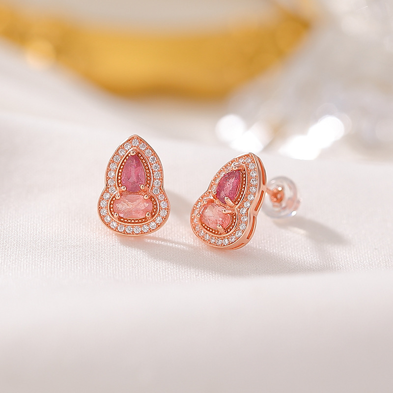 Bông tai bạc S925 mạ vàng hồng đính đá tourmaline hình quả hồ lô lấp lánh — Một cặp (màu tourmaline ngẫu nhiên)
