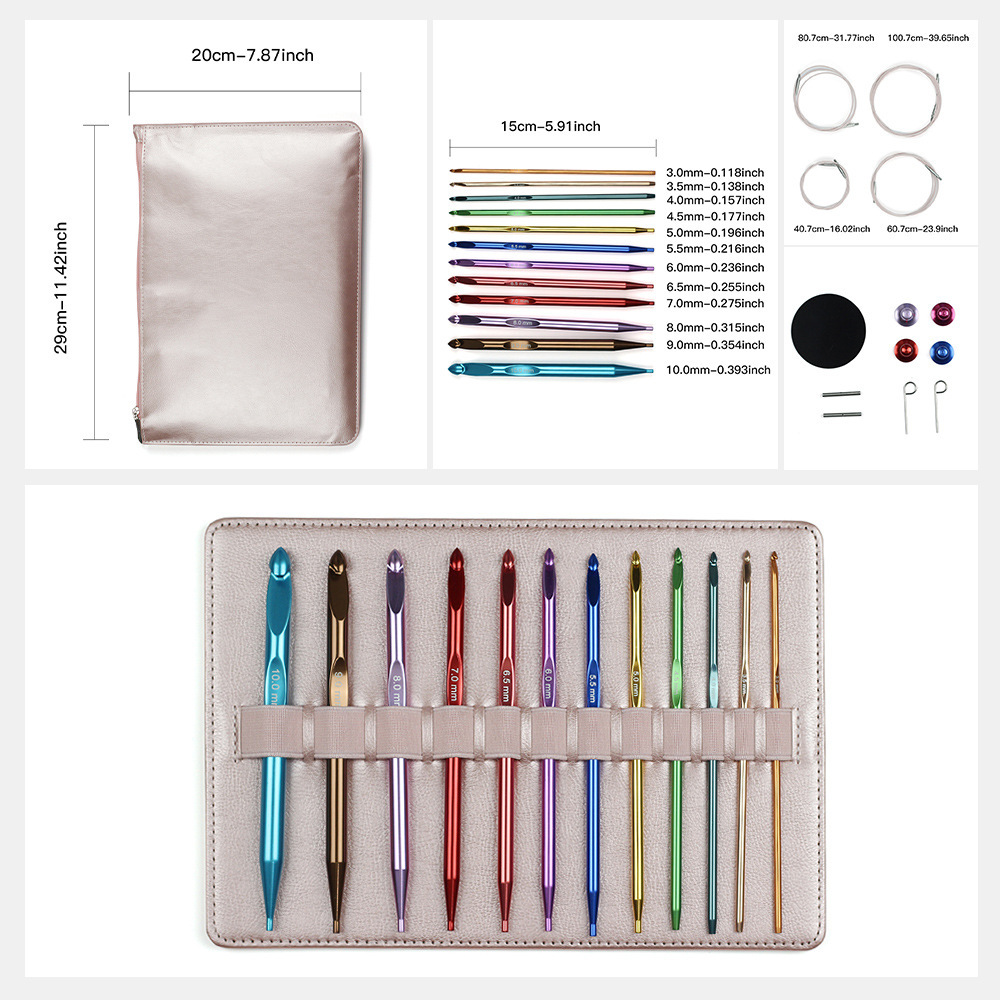 Herramientas de tejido transfronterizas ganchillo de aluminio desmontable ganchillo tunecino 12 conjuntos de ganchillo de cabeza intercambiable