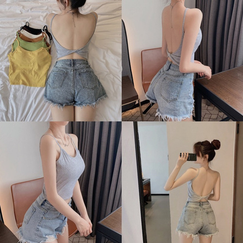 Back Exposing Women's Summer Sweat Repair Yang Energy Top with Bra Cup for Nipple Exposure and Inner Wear