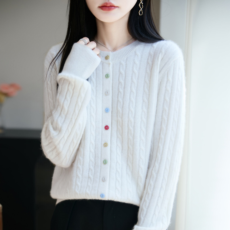 秋冬新款纯羊毛开衫女圆领宽松外套彩扣针织羊绒毛衣百搭女装上衣|undefined