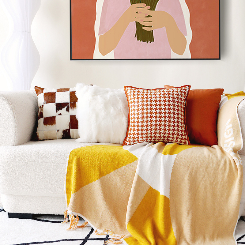 ins Style Orange Orange Houndstooth Simple Light Luxury Pillowcase High-end Bed Sofa Living Room Pillow Cushion ins Style Orange Orange Houndstooth Simple Light Luxury Pillowcase High-end Bed Sofa Living Room Pillow Cushion