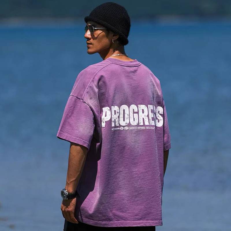 DIY retro spray caballo paseo de agua marca de marea camiseta de manga corta hombre pesado americano suelto pareja de cuello redondo chaqueta