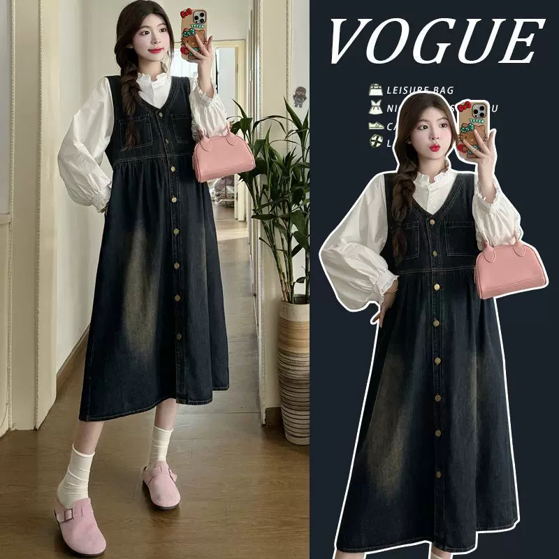 辣妈孕妇装套装孕妇牛仔裙秋冬大码牛仔背心连衣裙两件套