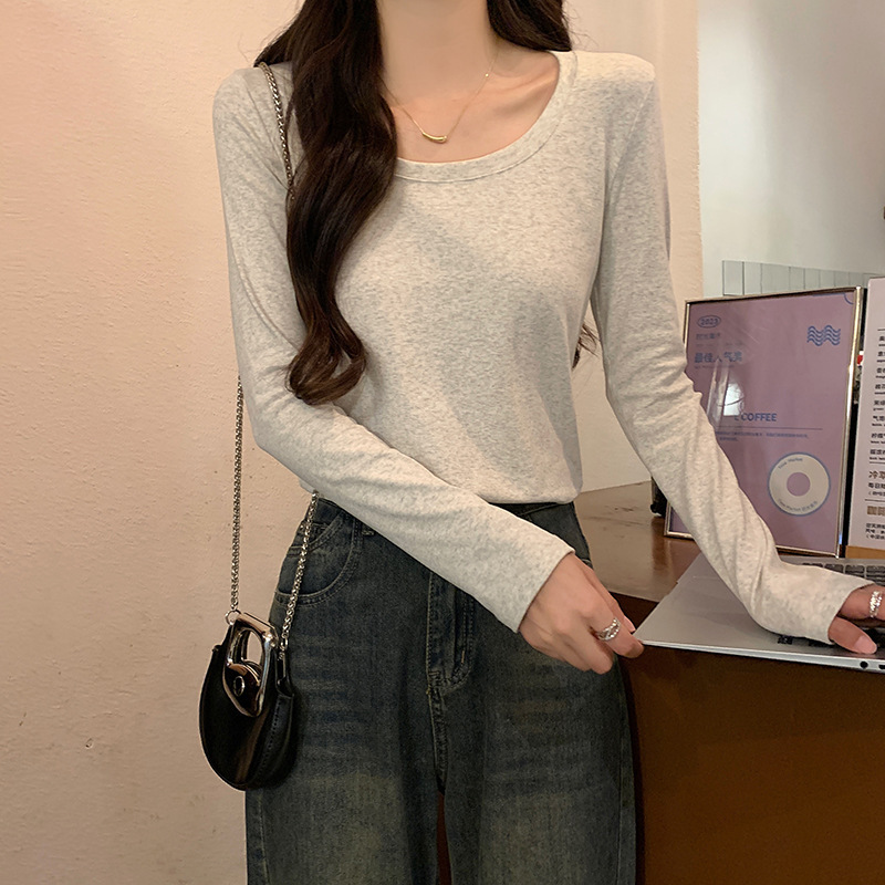春秋长袖纯棉打底衫女2025新款修身基础款低圆领内搭正肩t恤上衣|undefined
