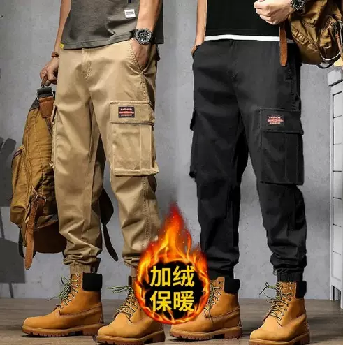 秋冬季加绒高档长工装裤男国潮流中青年耐磨束脚裤卫裤休闲裤子男