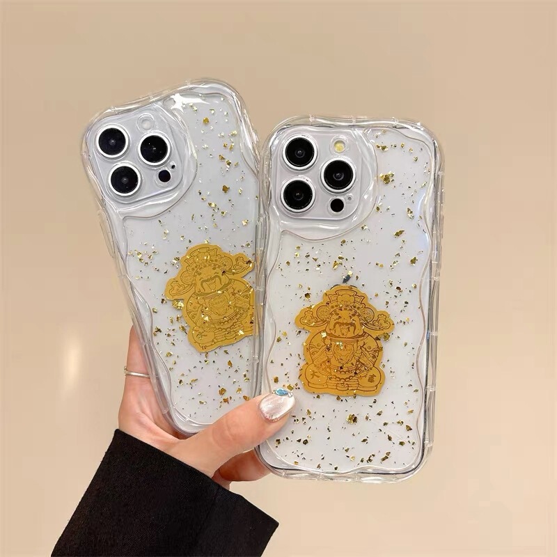 New Year's Edition God of Wealth iPhone 17 Pro Max Gold Foil Resin Case Compatible with Apple 15 Phone Case Transparent 14 Protection