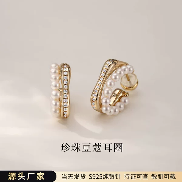 New S925 Sterling Silver Needle Pearl Zircon Double-Layer Earrings for Women, Light Luxury, High-End, Versatile, Niche Earrings, Popular Online