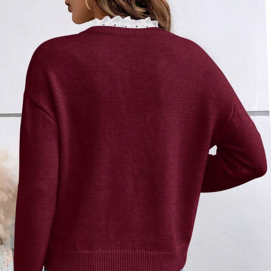 Herbst/Winter 2026: Modischer Damen-Strickpullover mit V-Ausschnitt, Spitzenbesatz, einfarbig, locker geschnitten, langärmelig_voghion.com