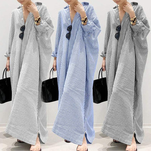 Cross-Border European and American New Women's Plus Size Dress Loose Striped Print Fashion Women's Large Size Long Skirt Cardigan