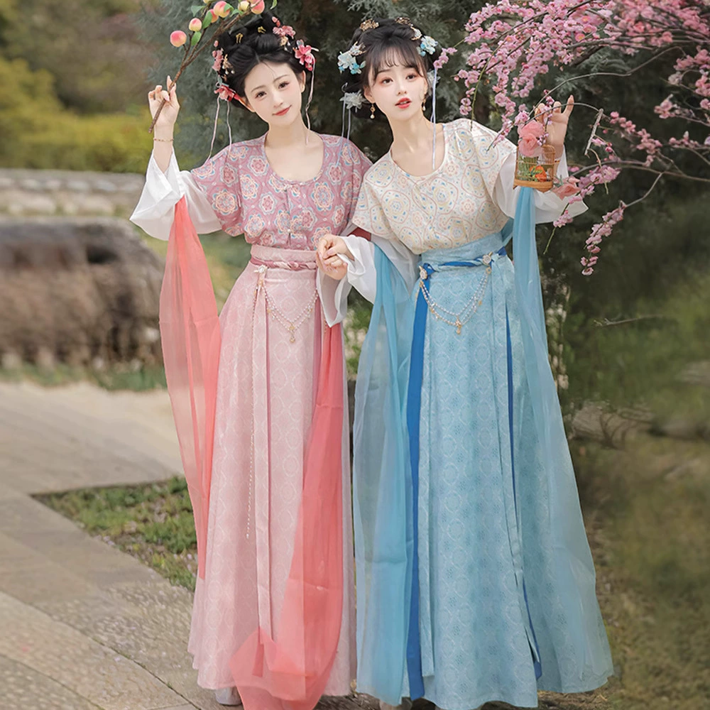 Оригинальная женская юбка из восьми частей династии Хань [Mirror Flower Song] в стиле династии Тан с круглым вырезом и длиной до талии для повседневной весенней и летней одежды